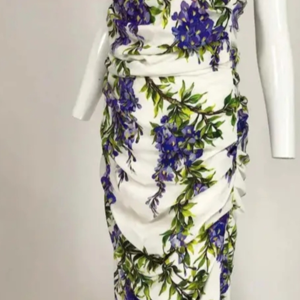 NWT - Dolce & Gabbana Wisteria Ruched Dress in White & Lavender - SIZE 48 - Picture 4 of 15